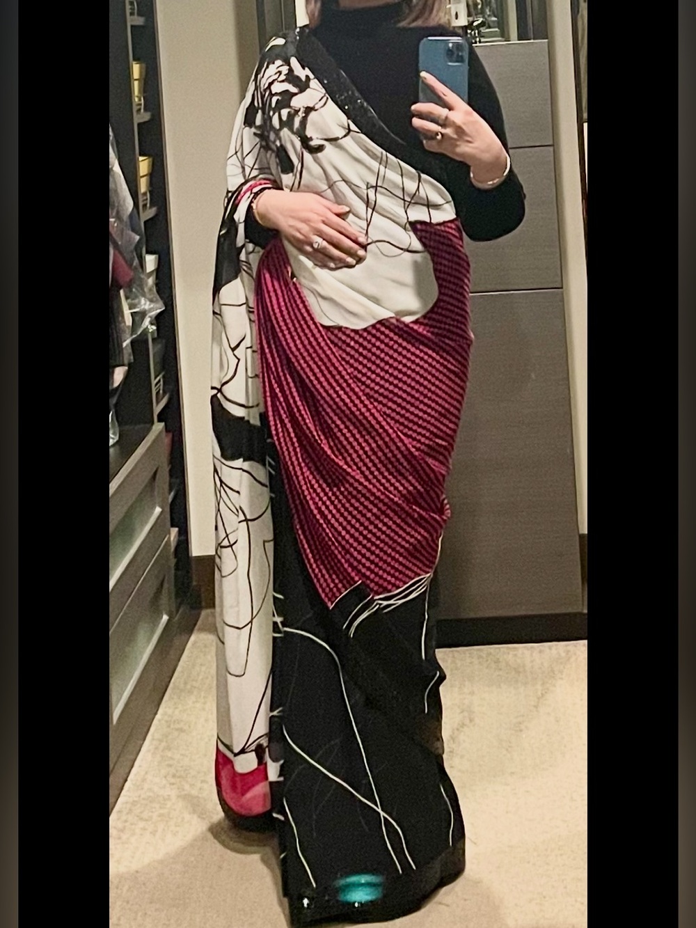 Satya Paul Black White and Magenta Printed Long Sleeve Saree Dress